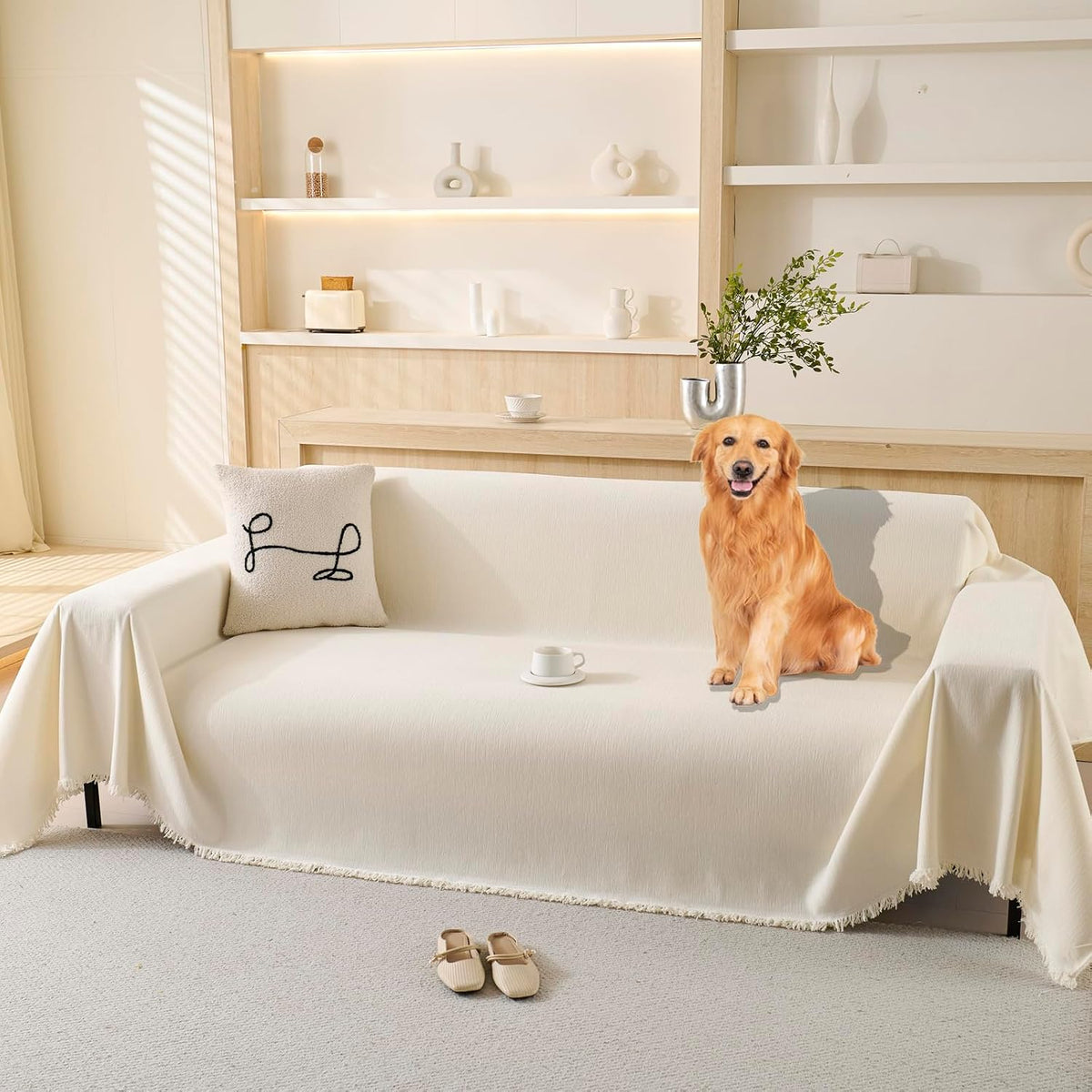 100% Waterproof Couch Cover for Pets Washable Sofa Covers for 3-4 Cushion Couch Sofa SlipCover for Dogs Pet-Friendly Furniture Protector for Living Room with Tassel(71" x 134", Beige)