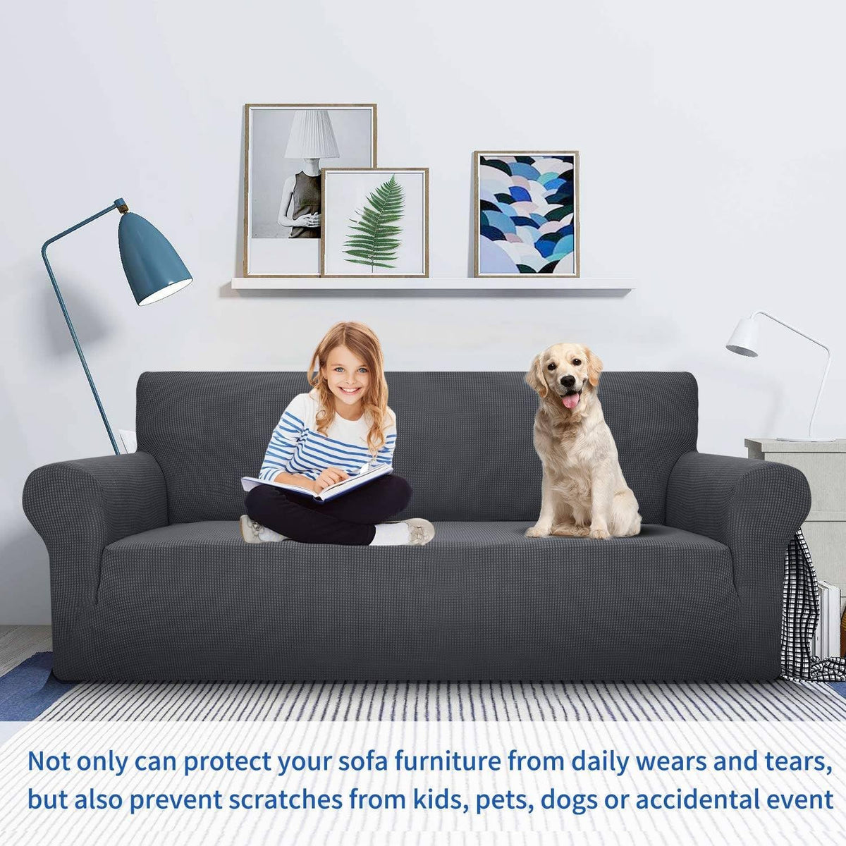MAXIJIN Super Stretch Couch Cover for 3 Cushion Couch, 1-Piece Universal Sofa Covers Living Room Jacquard Spandex Furniture Protector Dogs Pet Friendly Fitted (Large, Gray)