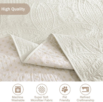 Quilted Sofa Slipcovers with Pockets, Anti-Slip Medallion Designed Couch Covers for 3 Cushion Sofa, Couch Cover for Dogs Cats Water-Repellent Machine Washable (Large Sofa 68", Ivory White)