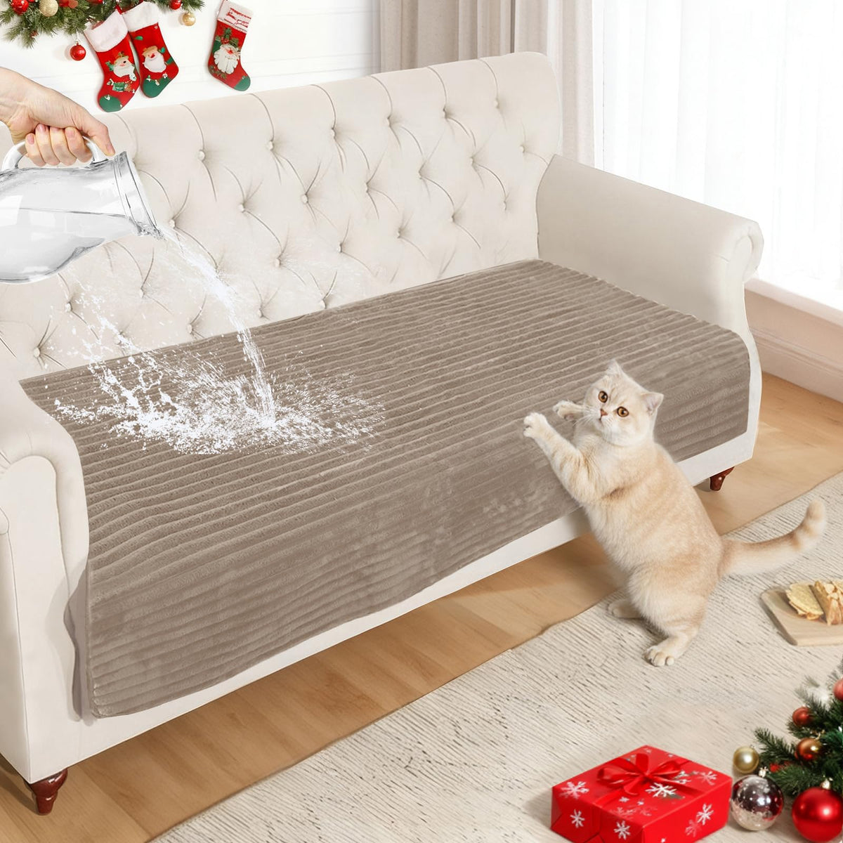 NAISI Couch Covers for Dogs Waterproof Flannel Striped Sofa Cover Pet Friendly Washable Dog Mat for Couch Anti Slip Sectional Sofa Slipcover Protector(2pcs/35"x63"+35"x70",Dark Grey)