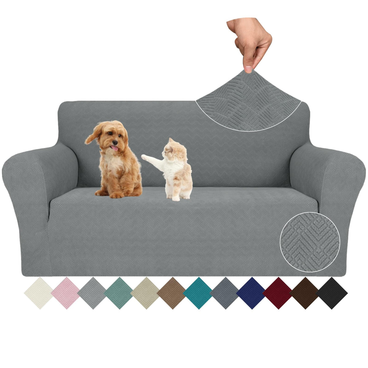 JIVINER High Stretch Couch Covers for 3 Cushion Couch 1-Piece Jacquard Sofa Slipcovers Anti Slip Sofa Cover with Elastic Bottom Furniture Protector for Kids Pets (Sofa, Light Gray and White)