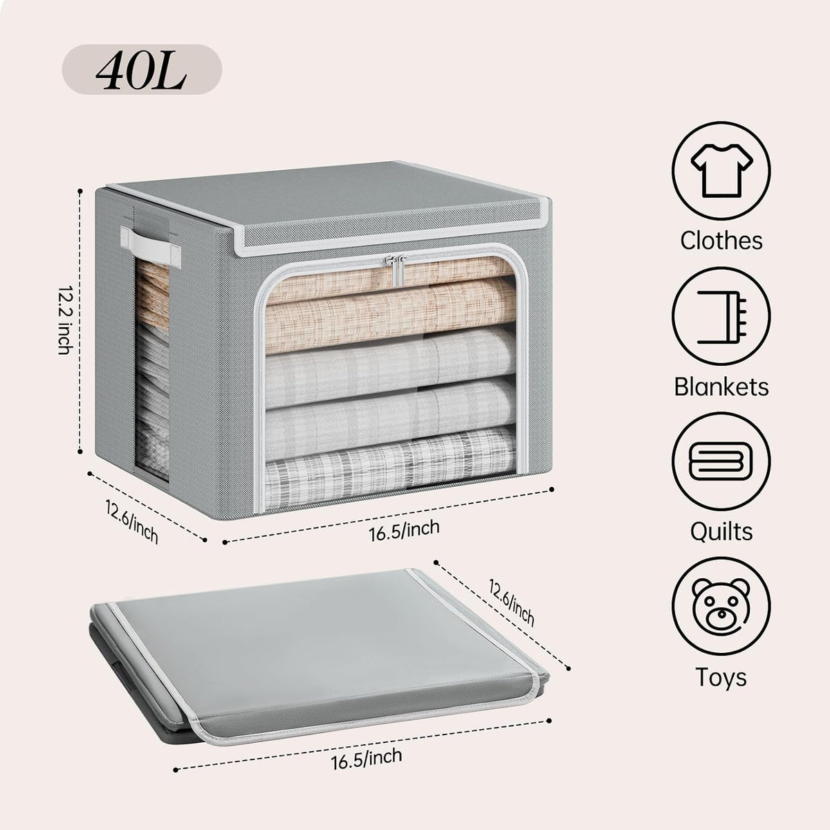 Yecaye Clothes Storage Bins with Metal Frame, Foldable Organizer Box, 40L