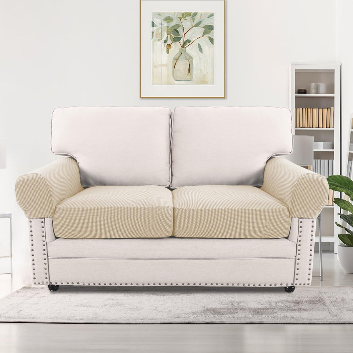 H.VERSAILTEX Multi-Pieces Sofa Covers Stretch Couch Covers Form Fitted Seats and Back Cushions Covers (3 Seat Covers Plus 3 Back Cusion Covers, Bonus 2 Armrest Covers), Sand