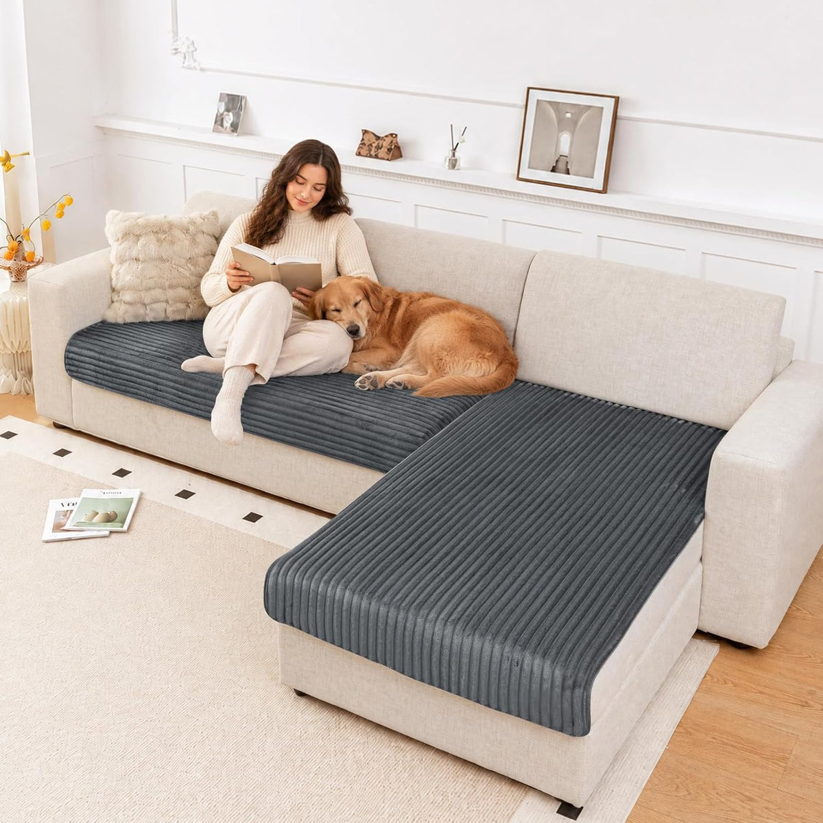 NAISI Couch Covers for Dogs Waterproof Flannel Striped Sofa Cover Pet Friendly Washable Dog Mat for Couch Anti Slip Sectional Sofa Slipcover Protector(2pcs/35"x63"+35"x70",Dark Grey)