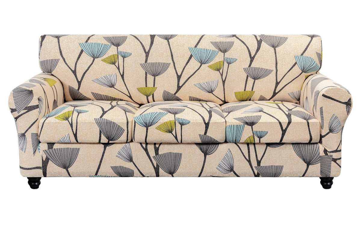 SearchI Stretch Sofa Cover Printed Couch Cover, Floral Pattern 4 Pieces Sofa Slipcover with 3 Separate Cushion Cover, Washable Furniture Protector for Living Room(Sofa, Yellow+Flower)