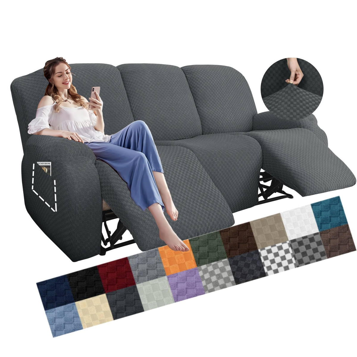 YEMYHOM 8 Pieces Stretch Recliner Sofa Cover Latest Jacquard Reclining Couch Cover with Side Pocket Anti-Slip Fitted 3 Cushion Furniture Slipcovers with Elastic Bottom (Sofa Recliner, Light Gray)