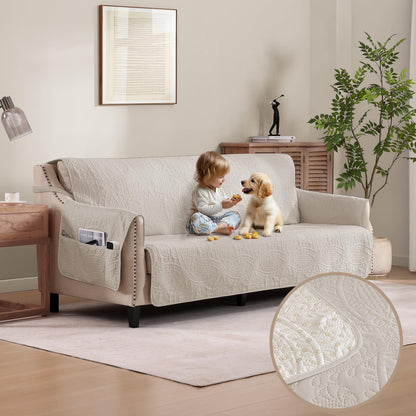 Soft Quilted Couch Cover with Pockets for Extra-Large Sofa, Anti-Slip Sofa Covers Washable for 3 Cushion Pet Friendly Medallion Oversized Sofa Cover Water-Repellent (X-Large Sofa 78", Ivory White)