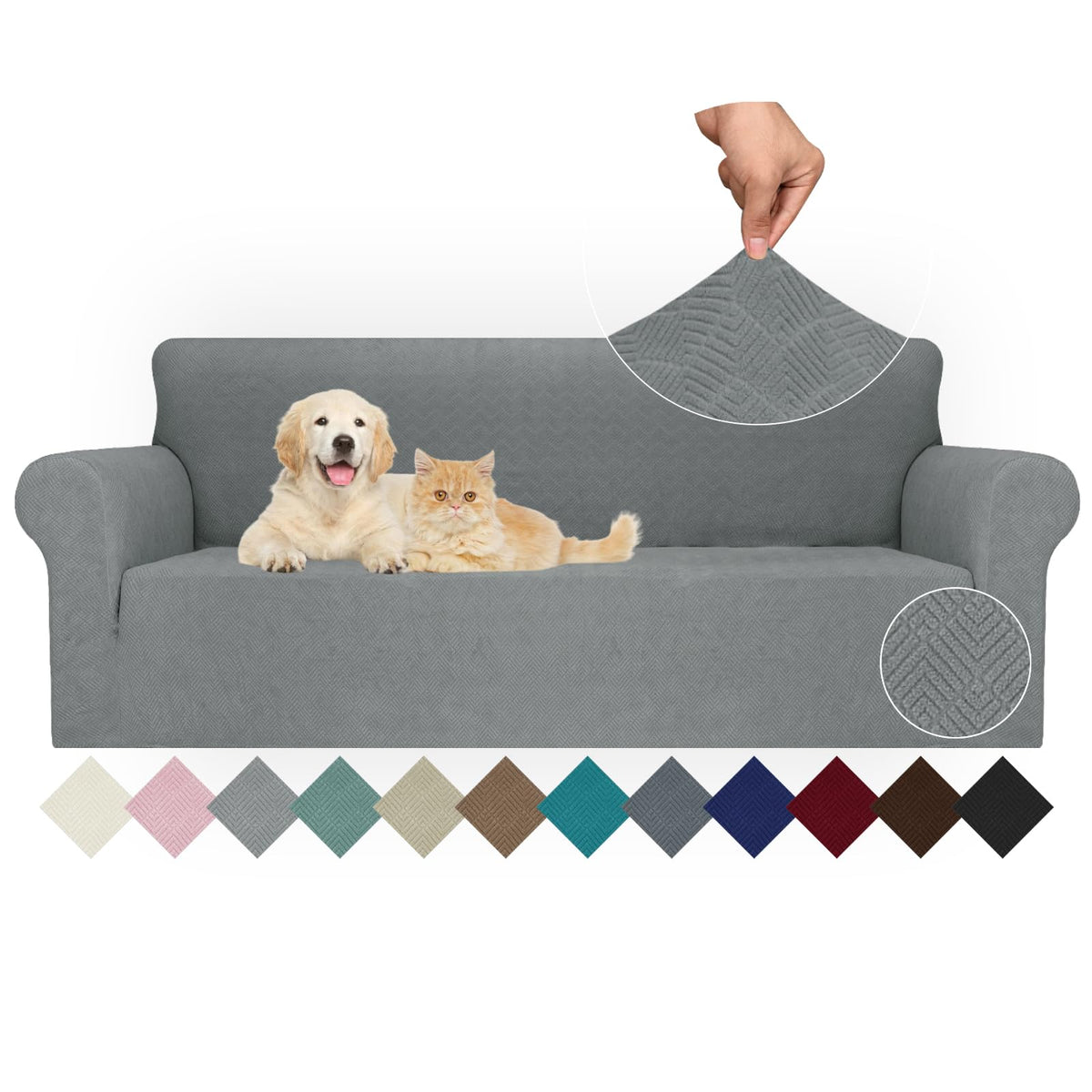 JIVINER High Stretch Couch Covers for 3 Cushion Couch 1-Piece Jacquard Sofa Slipcovers Anti Slip Sofa Cover with Elastic Bottom Furniture Protector for Kids Pets (Sofa, Light Gray and White)