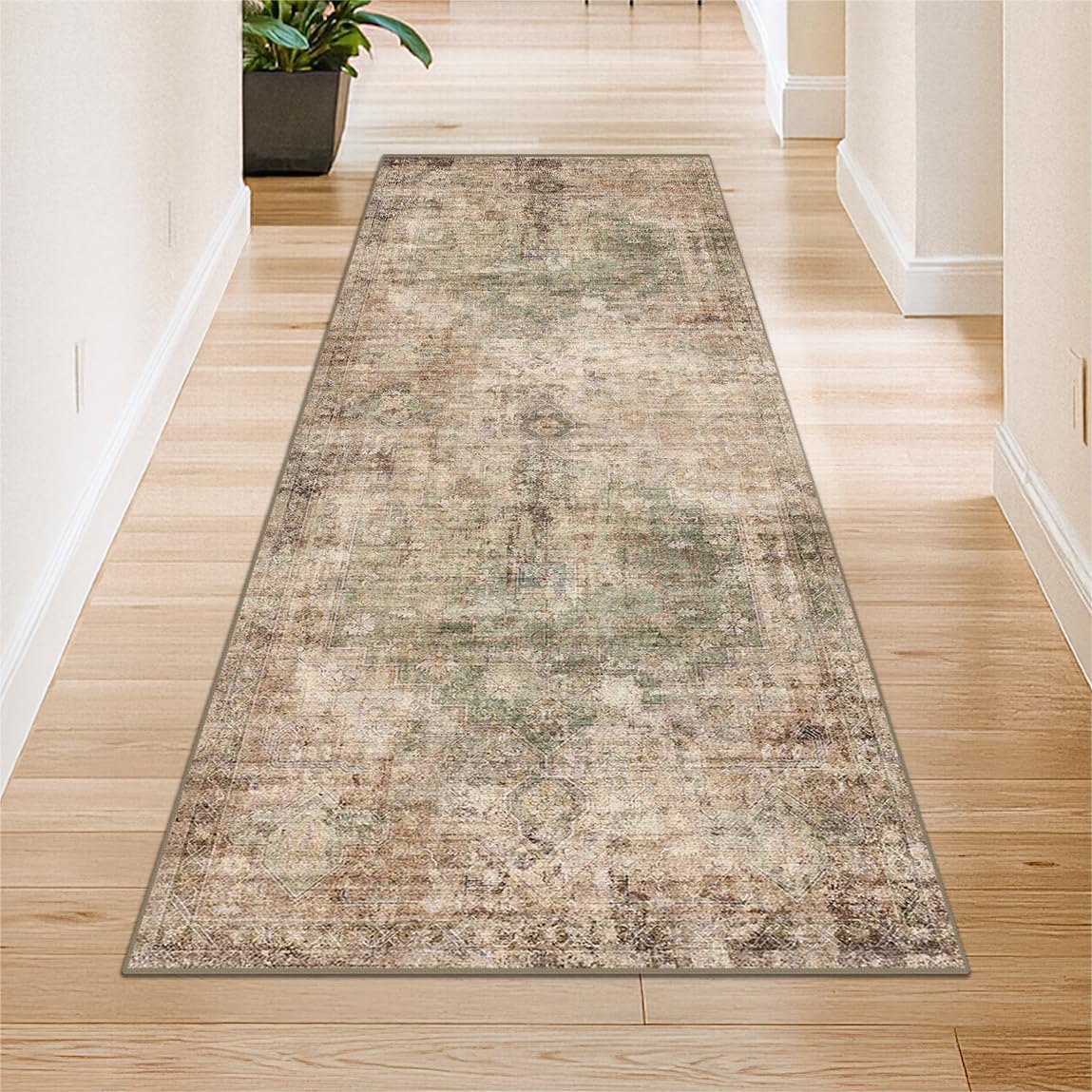 Farmhouse 8x10 Washable Area Rugs for Living Room, Neutral Taupe Brown Abstract Rug for Dining Room and Bedroom, Soft Foldable Low Pile Carpet, Stain Resistant Non-Slip Backing, Distressed Design