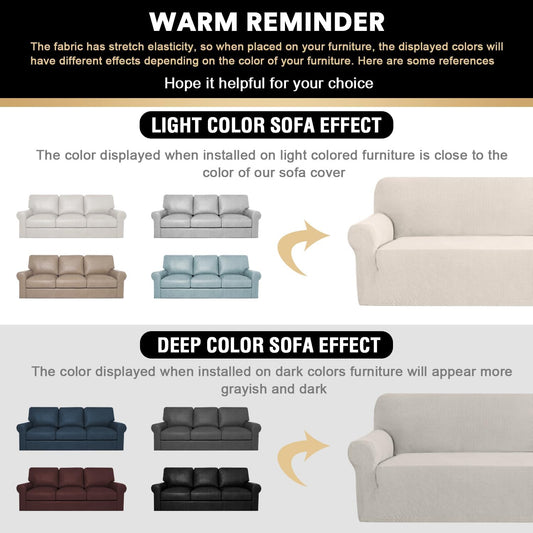PrinceDeco Stretch Sofa Cover Slipcover Couch Covers for 3 Cushion Couch Furniture Protector Sofa Covers with Non Slip Elastic Bottom Dogs Pet Friendly Fitted (Sofa, Ivory)