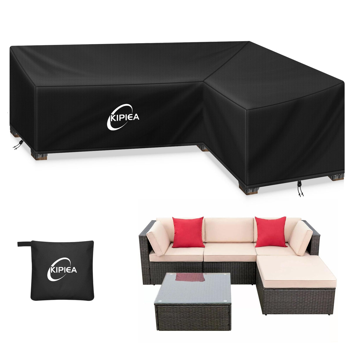 Kipiea Patio V-Shaped Sectional Sofa Cover, 420D Heavy-Duty Oxford Fabric Outdoor Sectional Cover with 6 Windproof Buckles, Anti UV and No Tears, No Fading (85"/85" L x 33.5" D x 31" H) Black