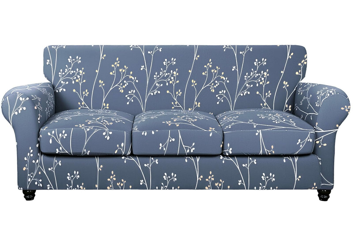 SearchI Stretch Sofa Cover Printed Couch Cover, Floral Pattern 4 Pieces Sofa Slipcover with 3 Separate Cushion Cover, Washable Furniture Protector for Living Room(Sofa, Yellow+Flower)