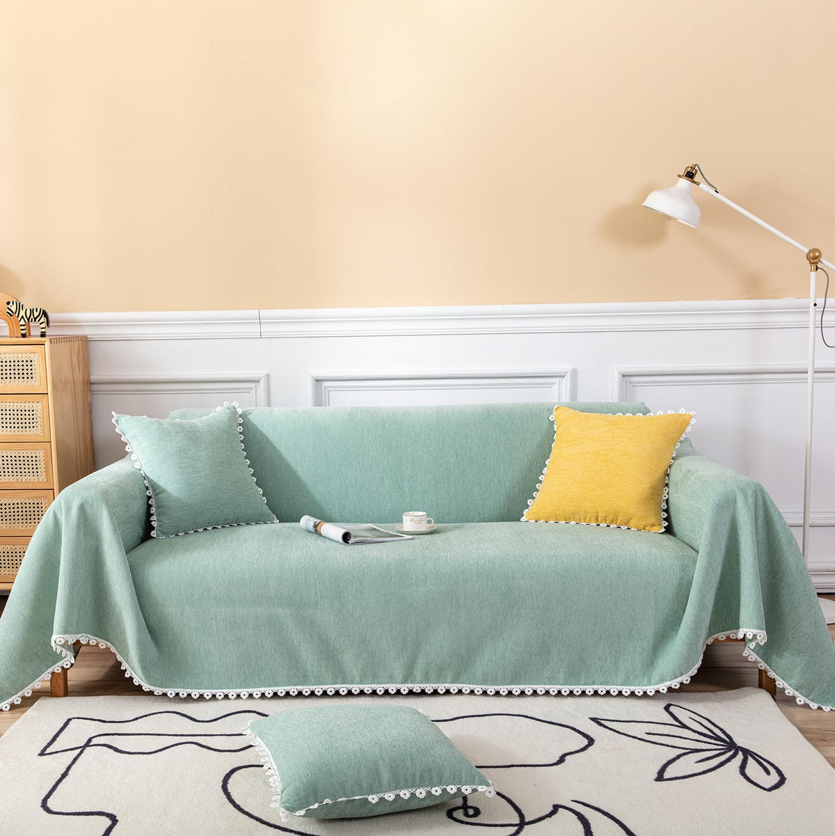 HANDONTIME Green Sofa Cover Vintage Couch Cover for Dogs 91" X150" Couch Cushion Covers with Tassel Herringbone Sofa Cover Boho Sofa Covers for 3 Cushion Couch Chenille Soft Loveseat Sofa Covers