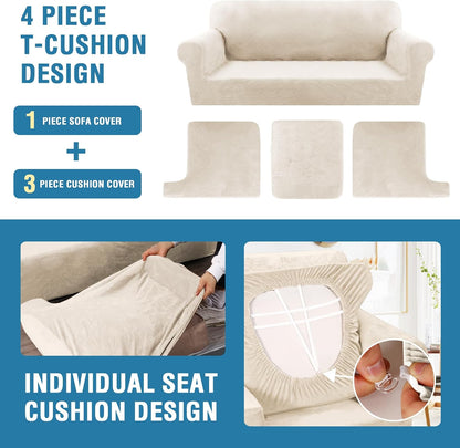 H.VERSAILTEX Sofa Cover 4 Piece T Cushion Sofa Slipcovers Couch Cover Furniture Protector Stretch T Cushion Sofa Covers for 3 Cushion Couch with 3 Individual T Cushion Covers, Ivory