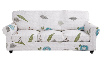 SearchI Stretch Sofa Cover Printed Couch Cover, Floral Pattern 4 Pieces Sofa Slipcover with 3 Separate Cushion Cover, Washable Furniture Protector for Living Room(Sofa, Yellow+Flower)