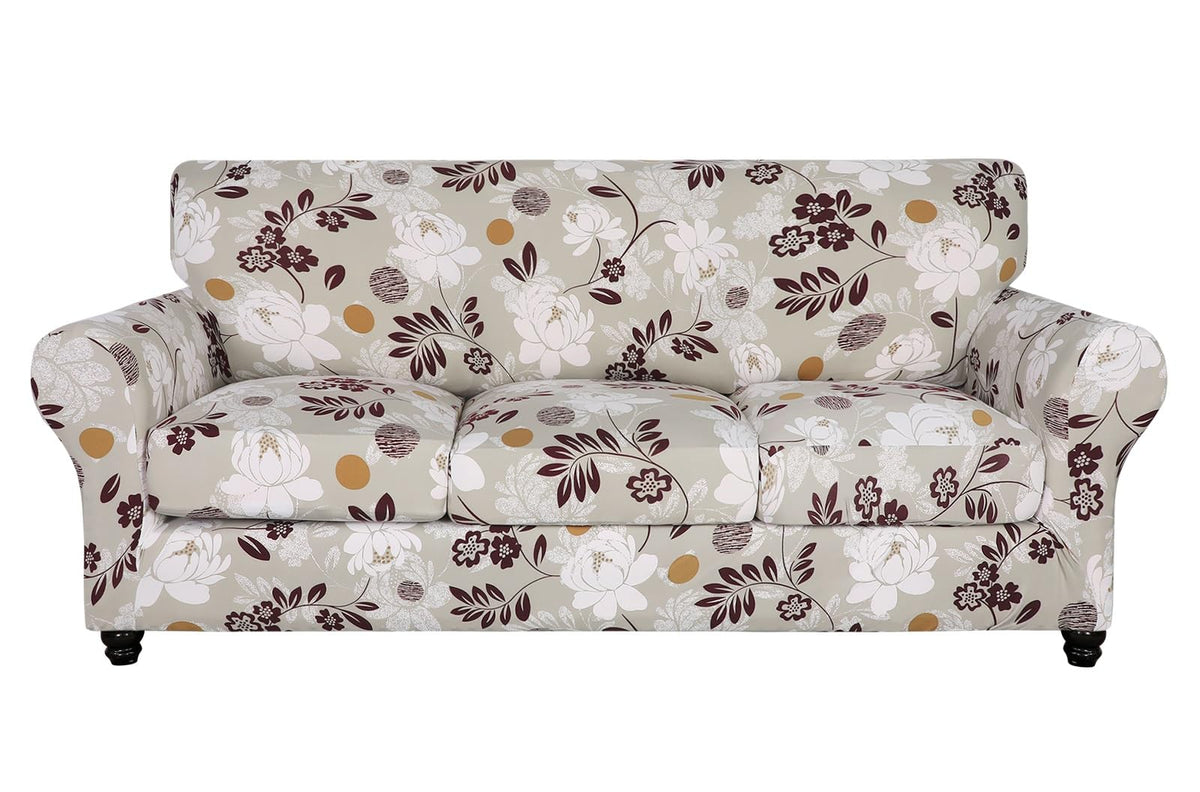 SearchI Stretch Sofa Cover Printed Couch Cover, Floral Pattern 4 Pieces Sofa Slipcover with 3 Separate Cushion Cover, Washable Furniture Protector for Living Room(Sofa, Yellow+Flower)