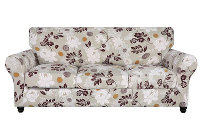 SearchI Stretch Sofa Cover Printed Couch Cover, Floral Pattern 4 Pieces Sofa Slipcover with 3 Separate Cushion Cover, Washable Furniture Protector for Living Room(Sofa, Yellow+Flower)