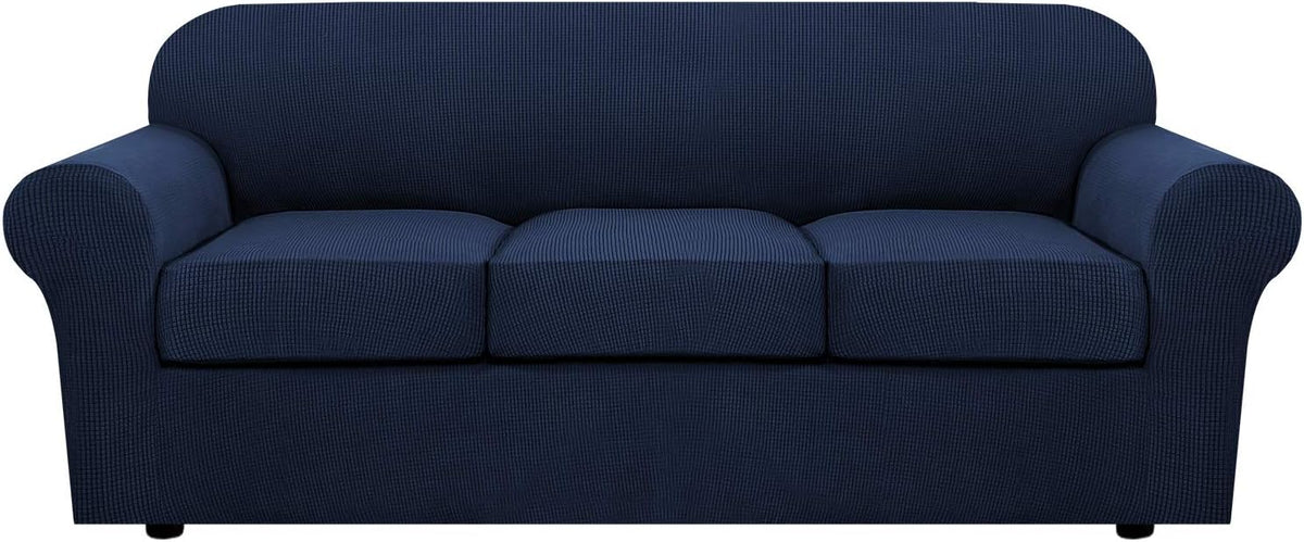 H.VERSAILTEX 4 Piece Stretch Sofa Covers for 3 Cushion Couch Covers for Living Room Furniture Slipcovers (Base Cover Plus 3 Seat Cushion Covers) Upgraded Thicker Jacquard Fabric (Sofa, Navy)