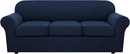 H.VERSAILTEX 4 Piece Stretch Sofa Covers for 3 Cushion Couch Covers for Living Room Furniture Slipcovers (Base Cover Plus 3 Seat Cushion Covers) Upgraded Thicker Jacquard Fabric (Sofa, Navy)