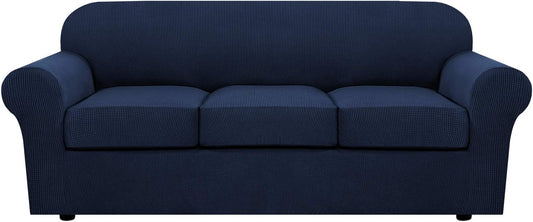 H.VERSAILTEX 4 Piece Stretch Sofa Covers for 3 Cushion Couch Covers for Living Room Furniture Slipcovers (Base Cover Plus 3 Seat Cushion Covers) Upgraded Thicker Jacquard Fabric (Sofa, Navy)