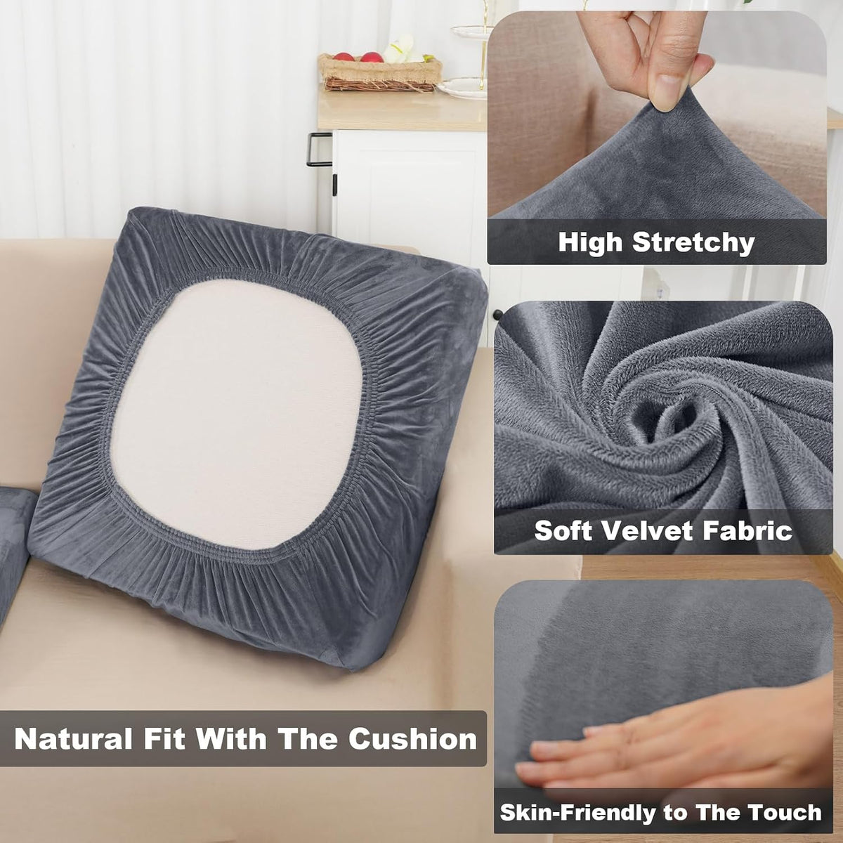 NAISI Sectional Couch Cover 4 Pieces Velvet Separate Couch Cushion Covers L Shape Soft Stretch Sofa Slipcovers with 2pcs Pillowcases for Left/Right Chaise Sectional Couch(3 Seater+1 Chaise,Dark Grey)