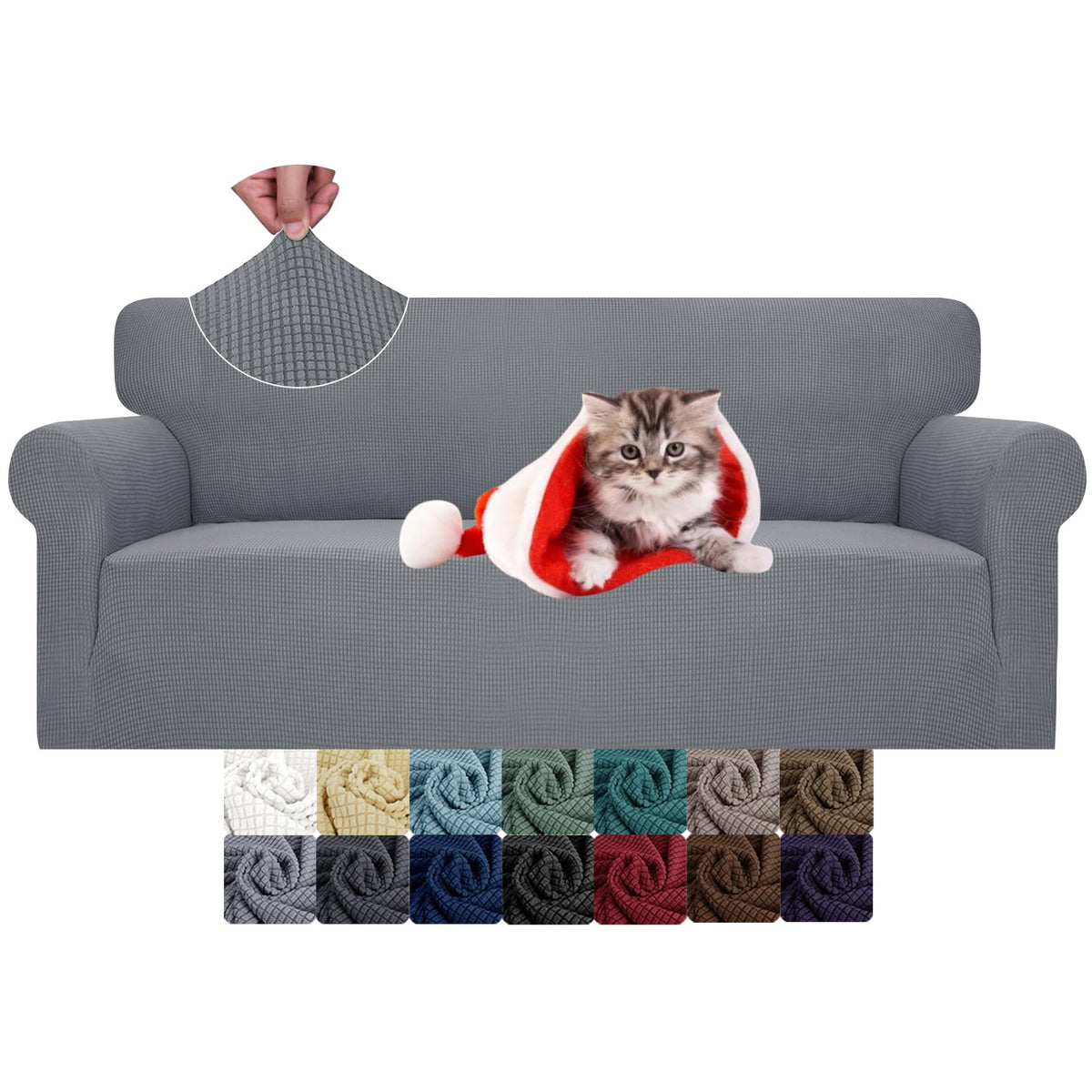 JIVINER High Stretch Couch Covers for 3 Cushion Couch 1-Piece Jacquard Sofa Slipcovers Anti Slip Sofa Cover with Elastic Bottom Furniture Protector for Kids Pets (Sofa, Light Gray and White)