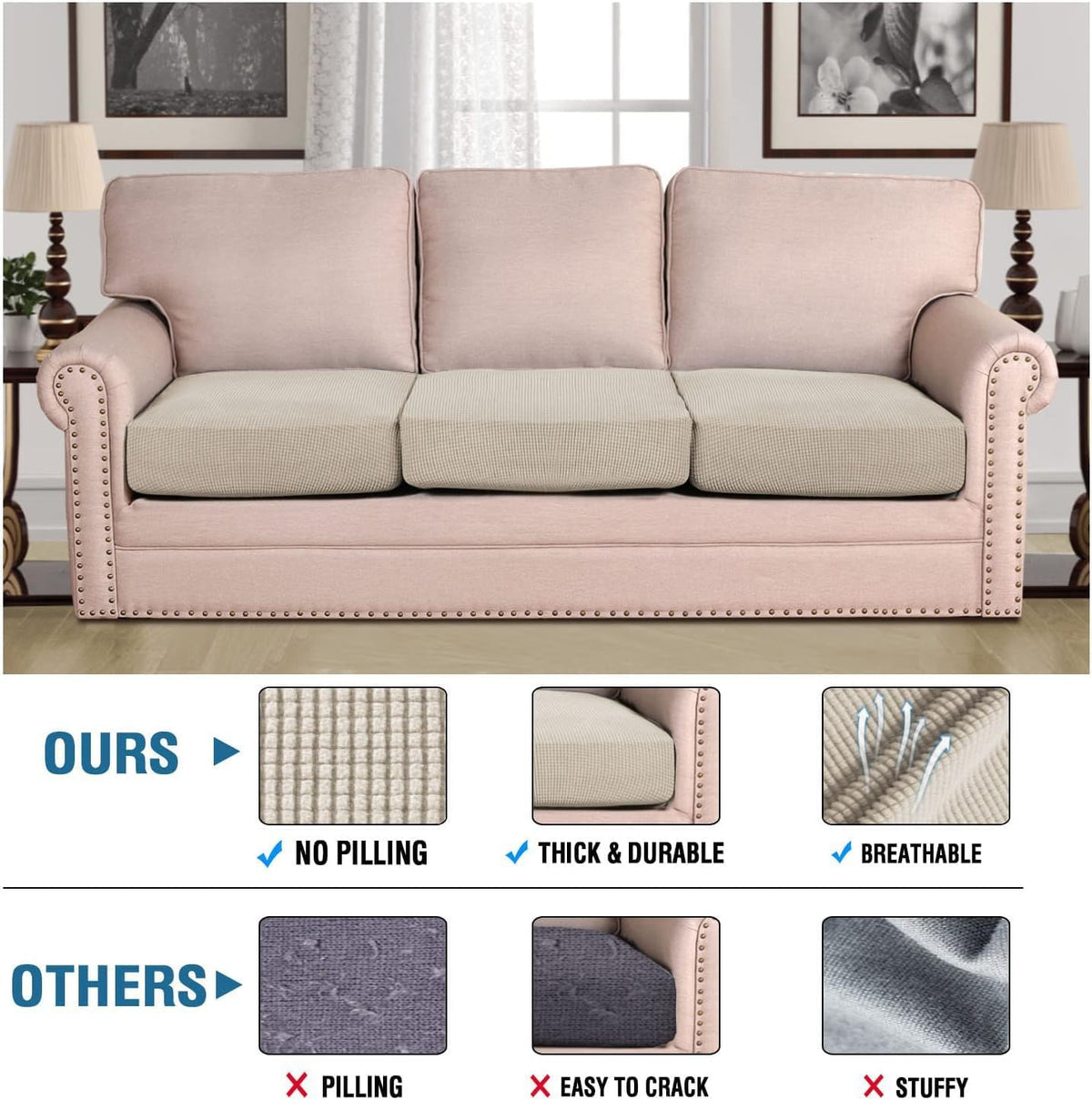 H.VERSAILTEX Super Stretch Individual Seat Cushion Covers - Sofa & Couch Cushion Slipcover Sets - Thick Jacquard Textured Twill Fabric (3 Piece, Island Fossi)