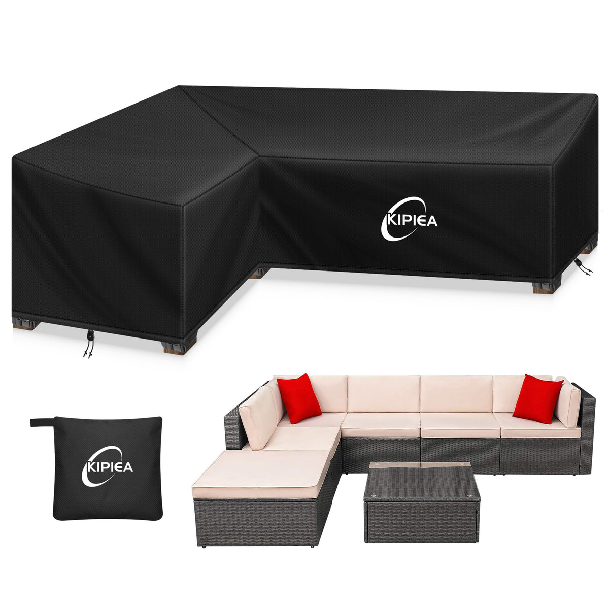 Kipiea Patio V-Shaped Sectional Sofa Cover, 420D Heavy-Duty Oxford Fabric Outdoor Sectional Cover with 6 Windproof Buckles, Anti UV and No Tears, No Fading (85"/85" L x 33.5" D x 31" H) Black