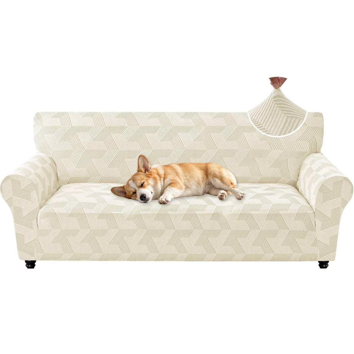 ZNSAYOTX Stretch Couch Covers for 3 Cushion Couch, 1-Piece Sofa Cover Slipcover Pet Friendly, Furniture Protector with Elastic Bottom for Dogs Geometrical Jacquard Fabric (Large, Light Grey)