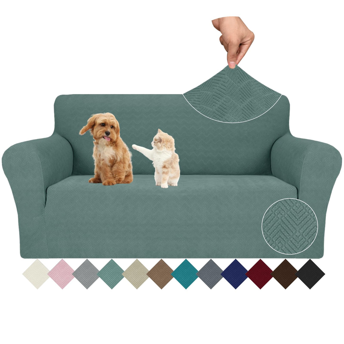 JIVINER High Stretch Couch Covers for 3 Cushion Couch 1-Piece Jacquard Sofa Slipcovers Anti Slip Sofa Cover with Elastic Bottom Furniture Protector for Kids Pets (Sofa, Light Gray and White)