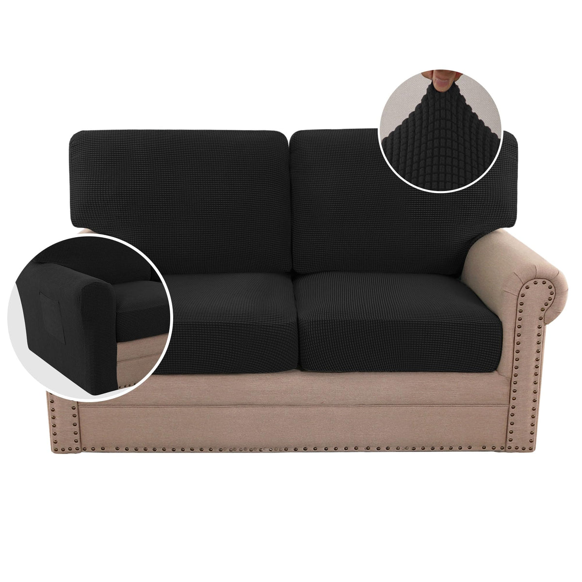 H.VERSAILTEX Multi-Pieces Sofa Covers Stretch Couch Covers Form Fitted Seats and Back Cushions Covers (3 Seat Covers Plus 3 Back Cusion Covers, Bonus 2 Armrest Covers), Sand