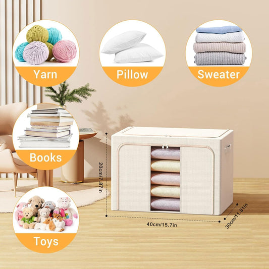 Clothes Storage Bins with Metal Frame, Foldable Clothes Organizers Storage Containers for Clothes, Sheets, Blankets, Pillows and Towels (24L, 3 Pack) Beige