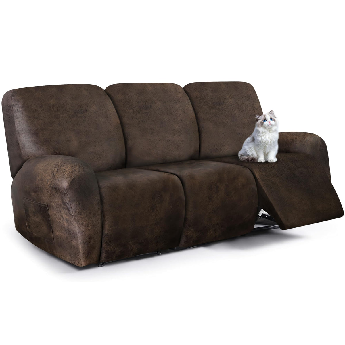ANARACHON Leather Look Recliner Couch Cover, 8-Pieces Stretch Recliner Sofa Covers, Soft Reclining Slipcover, Washable Furniture Protector for Pets (3 Seater, Brown)