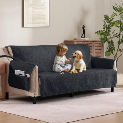 Quilted Sofa Slipcovers with Pockets, Anti-Slip Medallion Designed Couch Covers for 3 Cushion Sofa, Couch Cover for Dogs Cats Water-Repellent Machine Washable (Large Sofa 68", Ivory White)