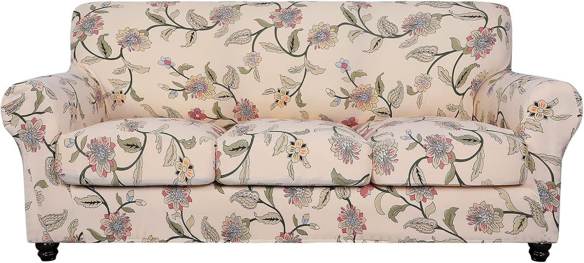 SearchI Stretch Sofa Cover Printed Couch Cover, Floral Pattern 4 Pieces Sofa Slipcover with 3 Separate Cushion Cover, Washable Furniture Protector for Living Room(Sofa, Yellow+Flower)
