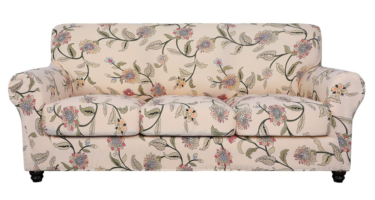SearchI Stretch Sofa Cover Printed Couch Cover, Floral Pattern 4 Pieces Sofa Slipcover with 3 Separate Cushion Cover, Washable Furniture Protector for Living Room(Sofa, Yellow+Flower)
