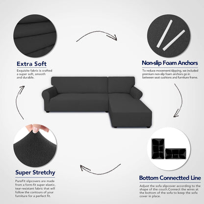 PureFit Super Stretch Sectional Couch Covers - 2 pcs Spandex Non Slip, with Elastic Bottom for L Shape Sectional Sofa Couches, Great for Kids & Pets (3 Seat Sofa + 3 Seat Chaise, Dark Gray)