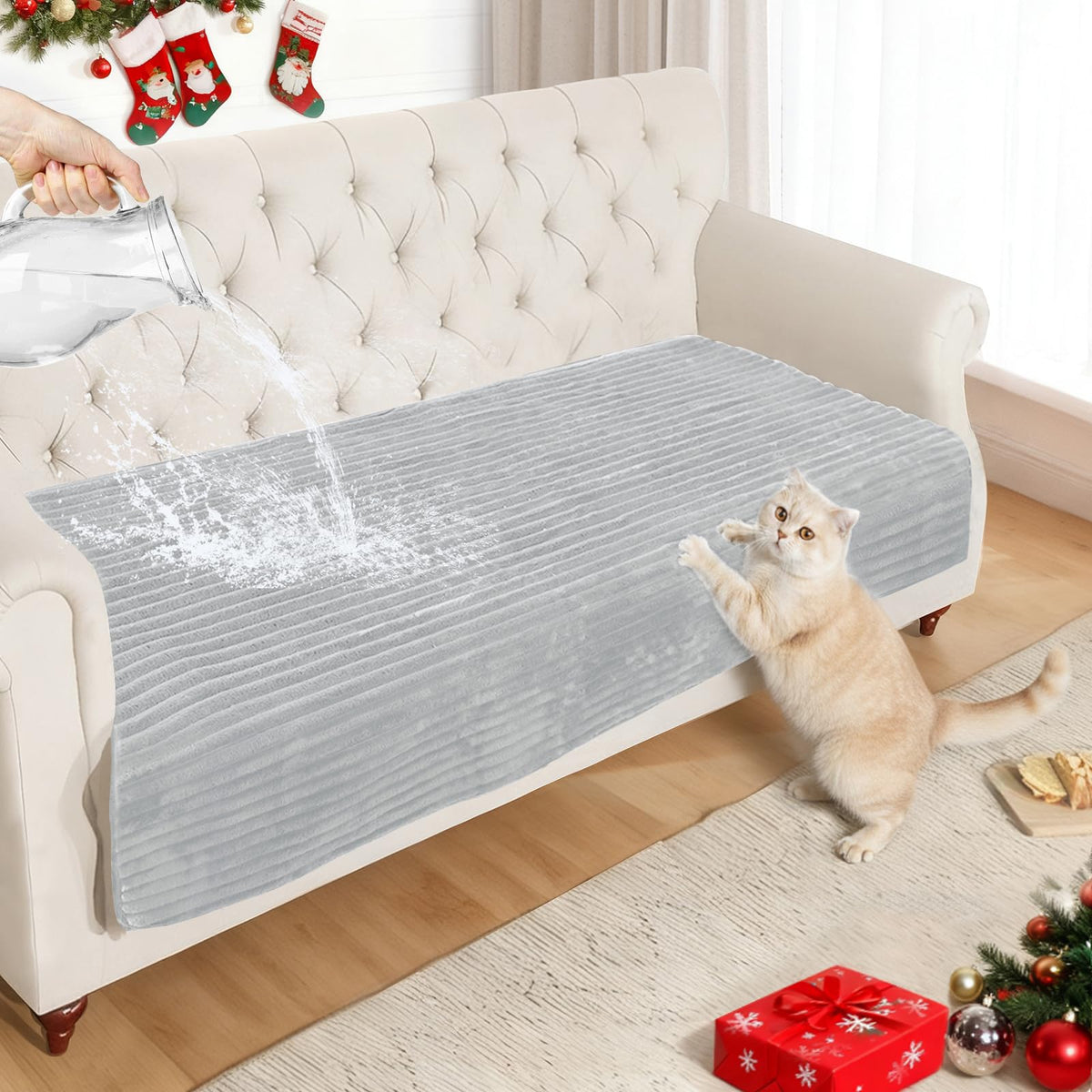 NAISI Couch Covers for Dogs Waterproof Flannel Striped Sofa Cover Pet Friendly Washable Dog Mat for Couch Anti Slip Sectional Sofa Slipcover Protector(2pcs/35"x63"+35"x70",Dark Grey)