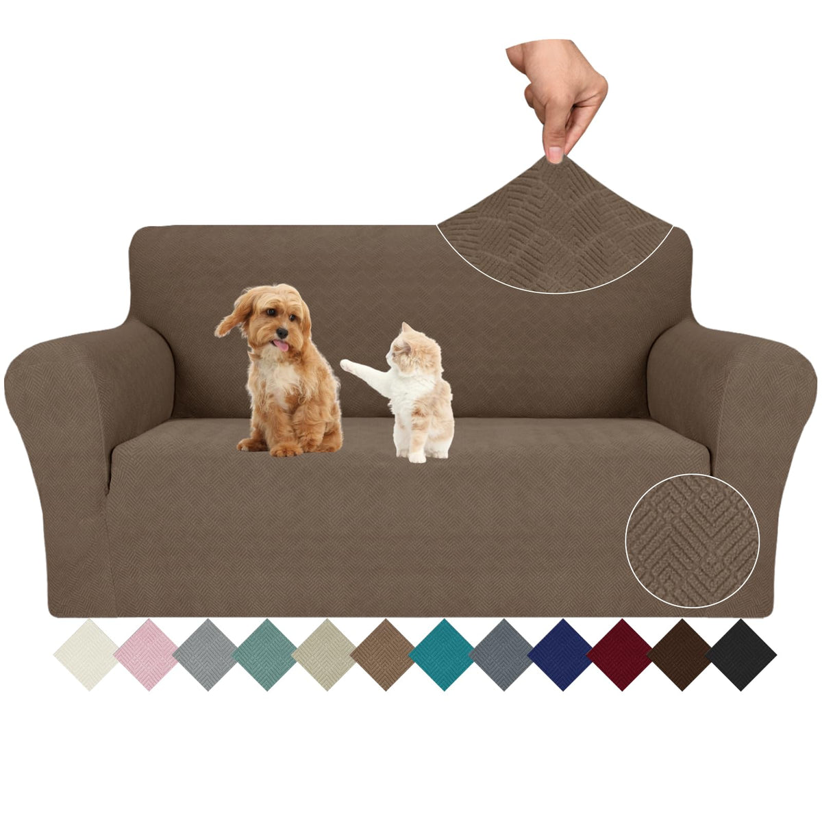 JIVINER High Stretch Couch Covers for 3 Cushion Couch 1-Piece Jacquard Sofa Slipcovers Anti Slip Sofa Cover with Elastic Bottom Furniture Protector for Kids Pets (Sofa, Light Gray and White)