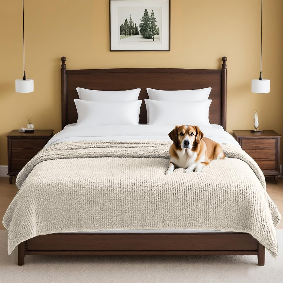 H.VERSAILTEX Plush Chenille Dog Bed Cover Thick Soft Sofa Cover for 3 Cushion Couch Anti Slip Couch Cover Furniture Protector for Dog, Pet, Cat (35" x 82", Ivory)