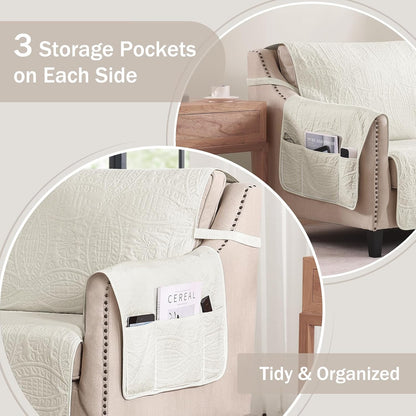 Soft Quilted Couch Cover with Pockets for Extra-Large Sofa, Anti-Slip Sofa Covers Washable for 3 Cushion Pet Friendly Medallion Oversized Sofa Cover Water-Repellent (X-Large Sofa 78", Ivory White)