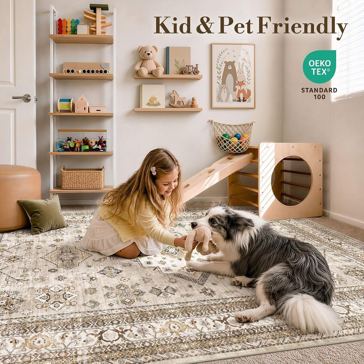 cotiled 9x12 Area Rug for Living Room, Washable, Traditional, Beige
