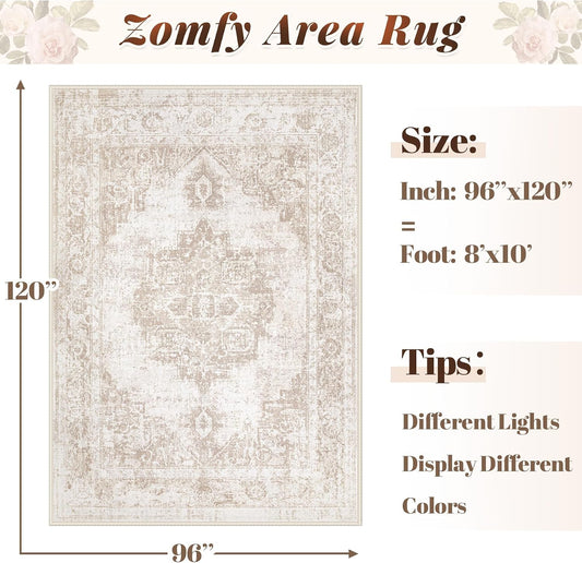 Area Rug 8x10 Vintage Rug: Large Washable Indoor Medallion Rugs Low Pile Distressed Floor Carpet Retro Accent Rug for Living Room Bedroom Kitchen Dining Table Home Office(Beige, 8'x10')
