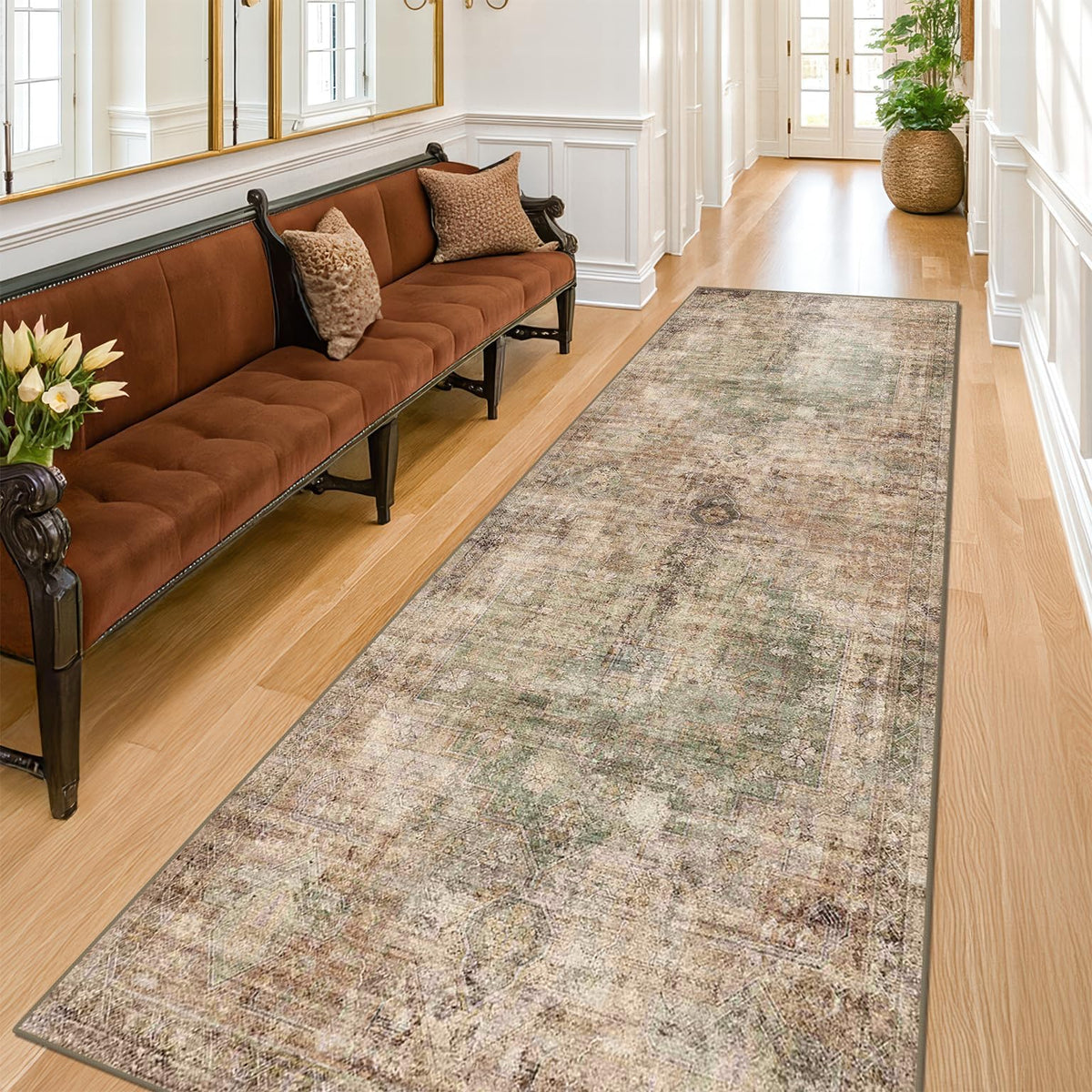 Farmhouse 8x10 Washable Area Rugs for Living Room, Neutral Taupe Brown Abstract Rug for Dining Room and Bedroom, Soft Foldable Low Pile Carpet, Stain Resistant Non-Slip Backing, Distressed Design