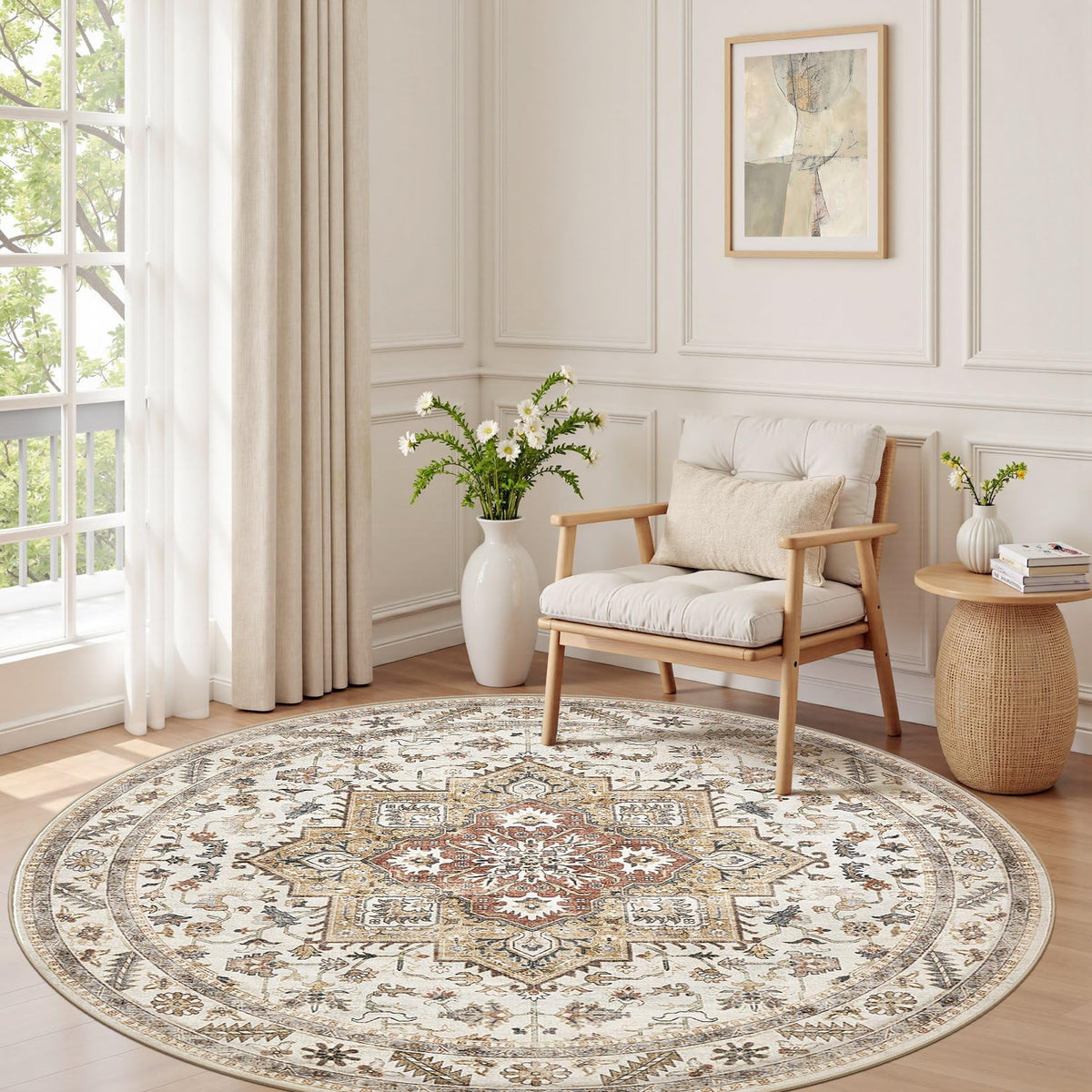 cotiled 9x12 Area Rug for Living Room, Washable, Traditional, Beige