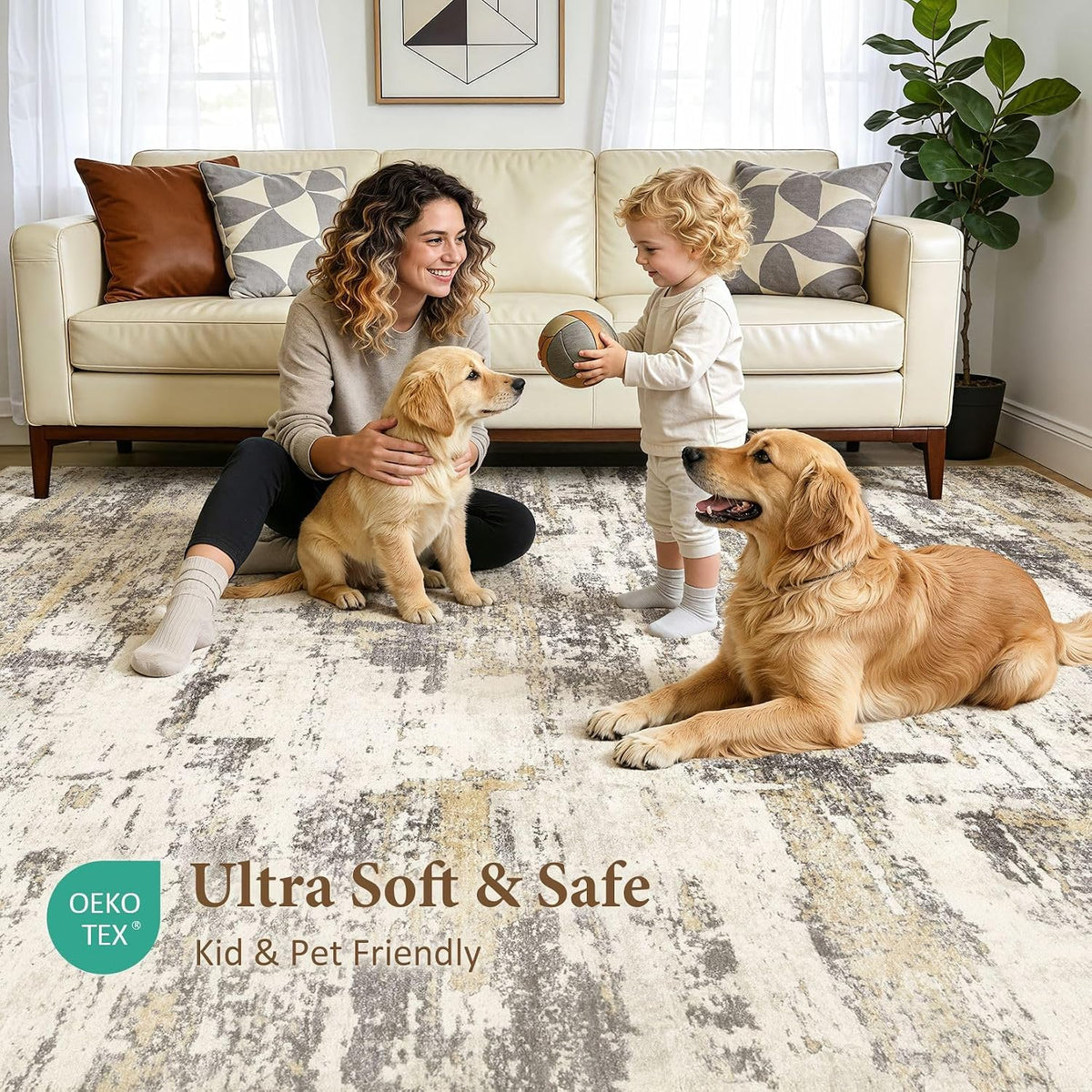 8x10 Area Rugs Living Room Abstract Washable Rug, Gold Brown