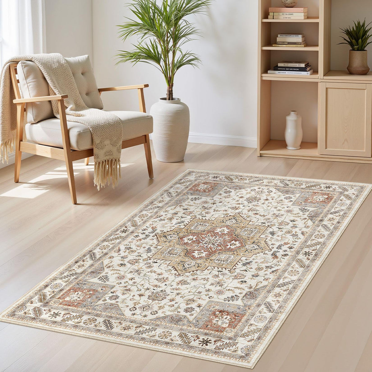 cotiled 9x12 Area Rug for Living Room, Washable, Traditional, Beige