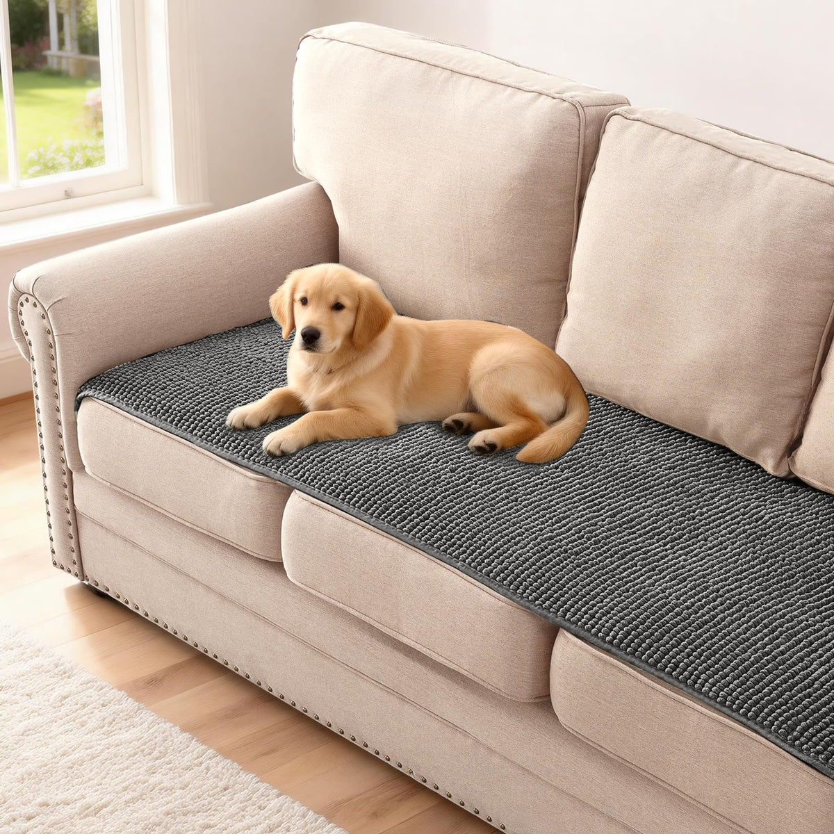 H.VERSAILTEX Plush Chenille Dog Bed Cover Thick Soft Sofa Cover for 3 Cushion Couch Anti Slip Couch Cover Furniture Protector for Dog, Pet, Cat (35" x 82", Ivory)