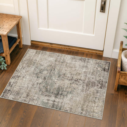 Farmhouse 8x10 Washable Area Rugs for Living Room, Neutral Taupe Brown Abstract Rug for Dining Room and Bedroom, Soft Foldable Low Pile Carpet, Stain Resistant Non-Slip Backing, Distressed Design