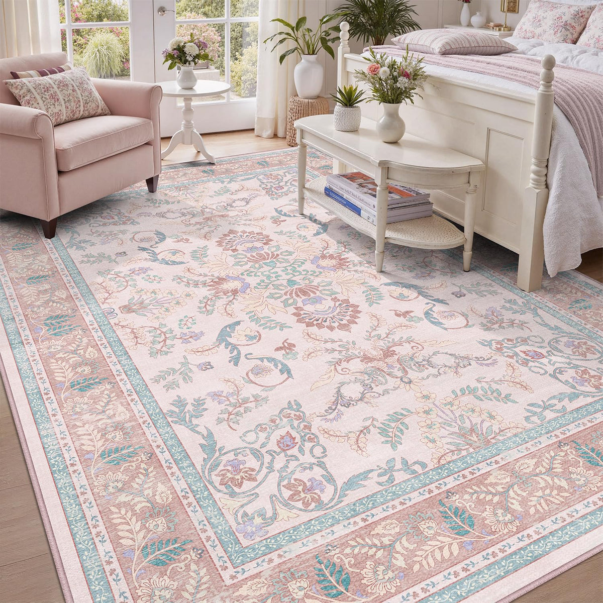 DCX 8x10 Area Rug Living Room: Washable Botanical Carpet Blue and Green